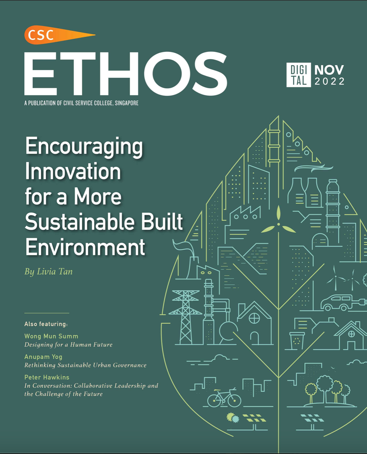 "ETHOS" magazine cover with a green cityscape outline and the headline "Encouraging Innovation for a More Sustainable Built Environment."